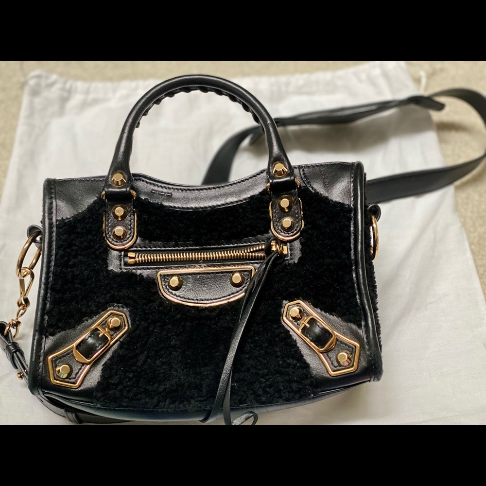 Balenciaga Shoulder Mini City Gold Shearling Fur Top Handle Cross Body Bag